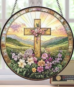 Christian Cross Wildflowers Stained Glass Suncatcher, Christian Faith Home Decor, Christian Glass Windows Hanging, Cross Gift For Religious