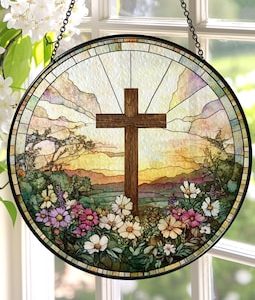 Stained Glass Cross And Wildflowers Suncatcher Christian Glass Window Hanging Flower Cross Religious Faith Gift Cross Christmas Home Decor