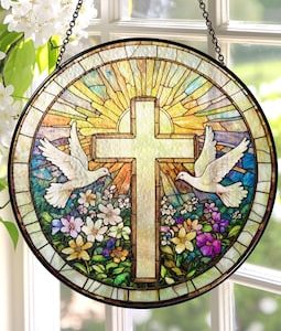 Cross And Wildflowers Stained Glass Suncatcher, Christian Glass Windows Hanging, Flower Cross Gift For Religious, Easter Faith Home Decor