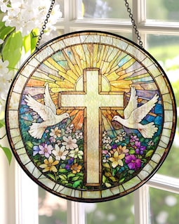 Cross And Wildflowers Stained Glass Suncatcher, Christian Glass Windows Hanging, Flower Cross Gift For Religious, Easter Faith Home Decor