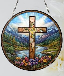 Christian Cross Stained Glass Suncatcher, Christian Suncatcher Window Hanging, Religious Home Decor, Faith Gift, Cross Window Decor
