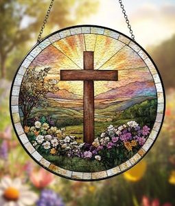 Cross And Wildflowers Suncatcher, Christian Strained Glass, Cross And Wildflowers Windows Hanging, Flower Cross Gift For Religious