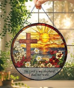Custom Christian Cross Suncatcher, Religious Window Hanging with Flowers and Sunrise, Memorial Faith Gift for Believers