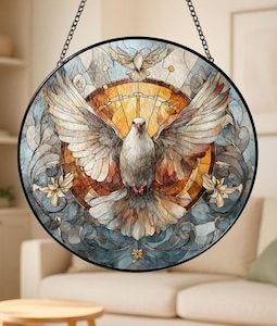 Holy Spirit Dove Stained Glass Suncatcher, Christian Round Window Hanging, Peaceful Spiritual Decor, Dove Ornament, Religious Gift