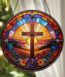 Christian Cross Stained Glass Suncatcher, Religious Home Decoration, Christian Window Hanging with Floral Design, Memorial Cross Suncatcher