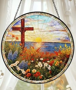 Christian Cross Stained Glass Suncatcher, Religious Home Decor, Christian Window Hanging with Floral Design, Memorial Cross Suncatcher