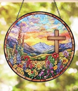 Cross And Wildflower Stained Glass Suncatcher, Christian Glass Window Hanging Decor, Religious Faith Sun Catcher, Christmas Home Decor