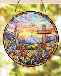 Cross And Wildflower Stained Glass Suncatcher, Christian Glass Window Hanging Decor, Religious Faith Sun Catcher, Christmas Home Decor