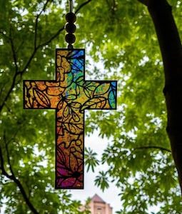 Cross Suncatcher - Floral Cross Suncatcher - Colorful Christian Suncatcher - Colors of Faith -Colorful Decorative Cross-Stained Glass Effect