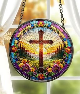 Christian Cross Stained Glass Suncatcher, Religious Home Decor, Christian Window Hanging with Floral Design, Memorial Cross Suncatcher