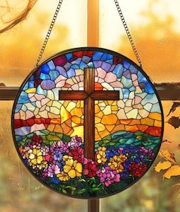 Personalized Stained Glass Cross Wildflowers Suncatcher, Christmas Trees Stained Glass, Christian Glass Window Hanging, Religious Faith Gift