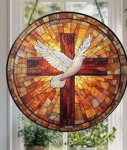 Holy Spirit Stained Glass Suncatcher, Cross & Dove Suncatcher, Religious Window Art, Christian Suncatcher, Faith-Based Gift, Christmas Gift
