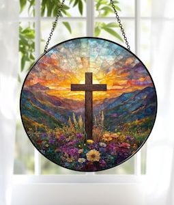 Stained Glass Cross And Wildflowers Suncatcher, Christian Glass Window Hanging, Flower Cross Religious Faith Gift Cross Christmas Home Decor