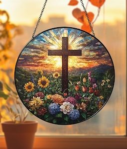 Cross and Wild Flower Glass Suncatcher, Cross Sunset Glass Suncatcher, Christian Cross Windows Hanging, Flower Cross Gift For Religious
