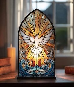 Holy Spirit Dove Suncatcher Candle Holder, Christian Faith Decor, Stained Glass Style Panel, Cross Window Hanging