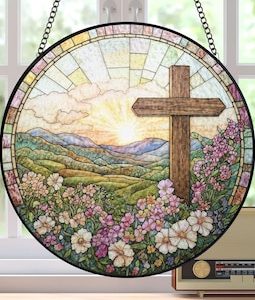 Christian Cross Wildflowers Stained Glass Suncatcher, Christian Faith Window Hanging, Christian Faith Home Decor, Cross Gift For Religious