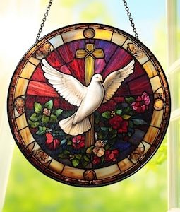 Holy Spirit Dove Stained Glass Suncatcher, Christian Cross Window Hanging Ornament, Faith Sun Catcher Religious Home Decor