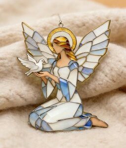 Stained Glass Angel Suncatcher Blue Winged Dove Window Hanging Mosaic Light Catcher