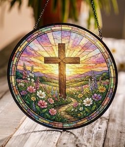 Stained Glass Cross And Wildflowers Suncatcher, Christian Glass Window Hanging, Flower Cross Religious Faith Gift Cross Christmas Home Decor