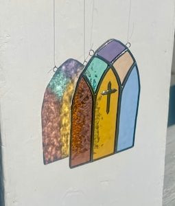 Stained Glass Mini Church / Cathedral Window with Cross Suncatcher - Spring / Easter Decor - Handcrafted