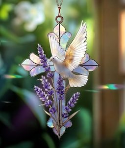 Dove and Lavender Cross Stained Glass Style Suncatcher, Christian Window Hanging Memorial Gift