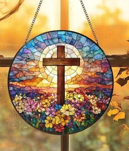 Cross Wildflowers Stained Glass Suncatcher, Christian Glass Window Hanging Decor,Flora Cross Religious Faith Gift,Mother's Day Gifts,Grandma