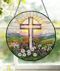 Personalized Stained Glass Cross Wildflowers Suncatcher Christian Window Hanging Cross Sunset Window Glass Religious Faith Gift S27