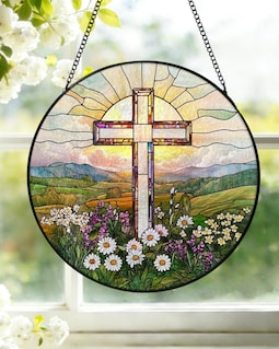 Personalized Stained Glass Cross Wildflowers Suncatcher Christian Window Hanging Cross Sunset Window Glass Religious Faith Gift S27