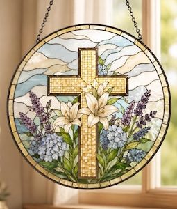 Christian Cross Wildflower Stained Glass Suncatcher, Floral Easter Window Hanging