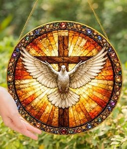 Holy Spirit Cross Dove Stained Glass Window Suncatcher, Christian Faith Hanging Decor, Religious Home Ornament Art Piece - Golden Frame