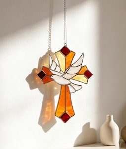 Cross With Peace Dove Handmade Stained Glass Suncatcher, Christian Church Decor Baptism Religious Gift Faith Based Spiritual Glass Cross Art