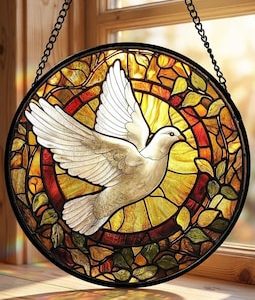 White Dove Stained Glass Suncatcher, Holy Spirit Window Hanging Art, Peace Dove Mosaic Acrylic Ornament, Spiritual Religious Christian Gift