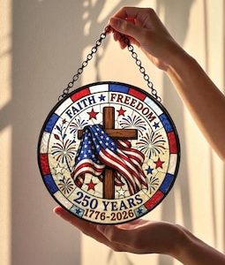 Faith Freedom Stained Glass Suncatcher, American Flag Cross Window Hanging, USA 250 Years Patriotic Christian Decor Gift,4th of July Gift