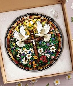 Christian Dove Cross Stained Glass Suncatcher, Religious Window Hanging Decor, Faith Inspired Ornament, Church Gift for Christian Home Art