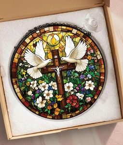 Christian Cross Suncatcher, Dove Stained Glass Window Hanging, Religious Faith Decor, Spiritual Christian Gift, Church Inspired Ornament
