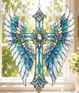 Angel Wing Cross Acrylic Suncatcher, Christian Window Hanging, Faith Decor, Crystal Suncatcher Cross, Prism Suncatcher Gift