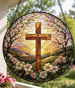 Christian Cross Stained Glass Suncatcher, Mountain Sunrise Floral Window Hanging, Faith Home Decor