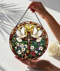 Christian Cross Suncatcher, Dove of Peace Window Hanging, Religious Stained Style Decor, Faith Gift for Christians
