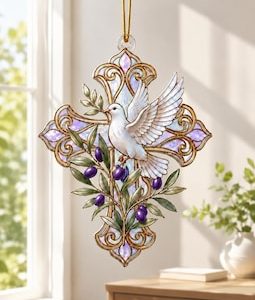 Dove Olive Branch Stained Glass Style Ornament – Acrylic Christian Suncatcher, Peace and Faith Window Hanging Decor, Spiritual Gift