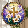 Cross and Dove Stained Glass Suncatcher, Christian Window Hanging, White Lily Faith Decor, Religious Gift