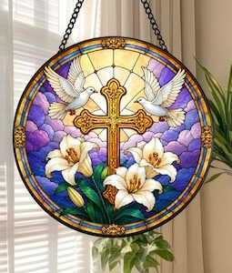 Cross and Dove Stained Glass Suncatcher, Christian Window Hanging, White Lily Faith Decor, Religious Gift